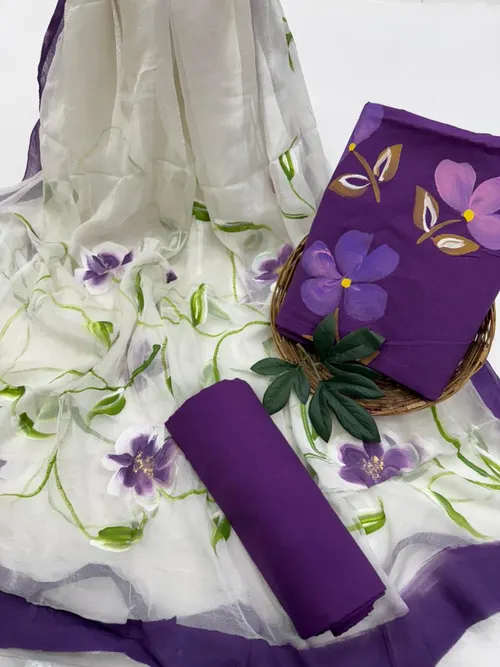 Hand-Painted Cotton Suit Set with Flowing Chiffon Dupatta